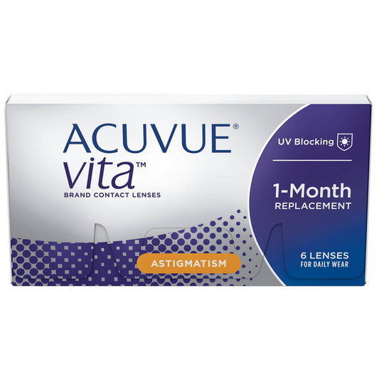 Acuvue Vita para Astigmatismo, 6 lentes de contacto, reemplazo mensual, tecnología HydraMax, protección UV.