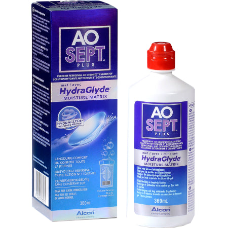 AOSEPT Plus Hydraglyde 360 ML, solución limpiadora de Alcon, ideal para lentes sensibles, cuidado de contacto.