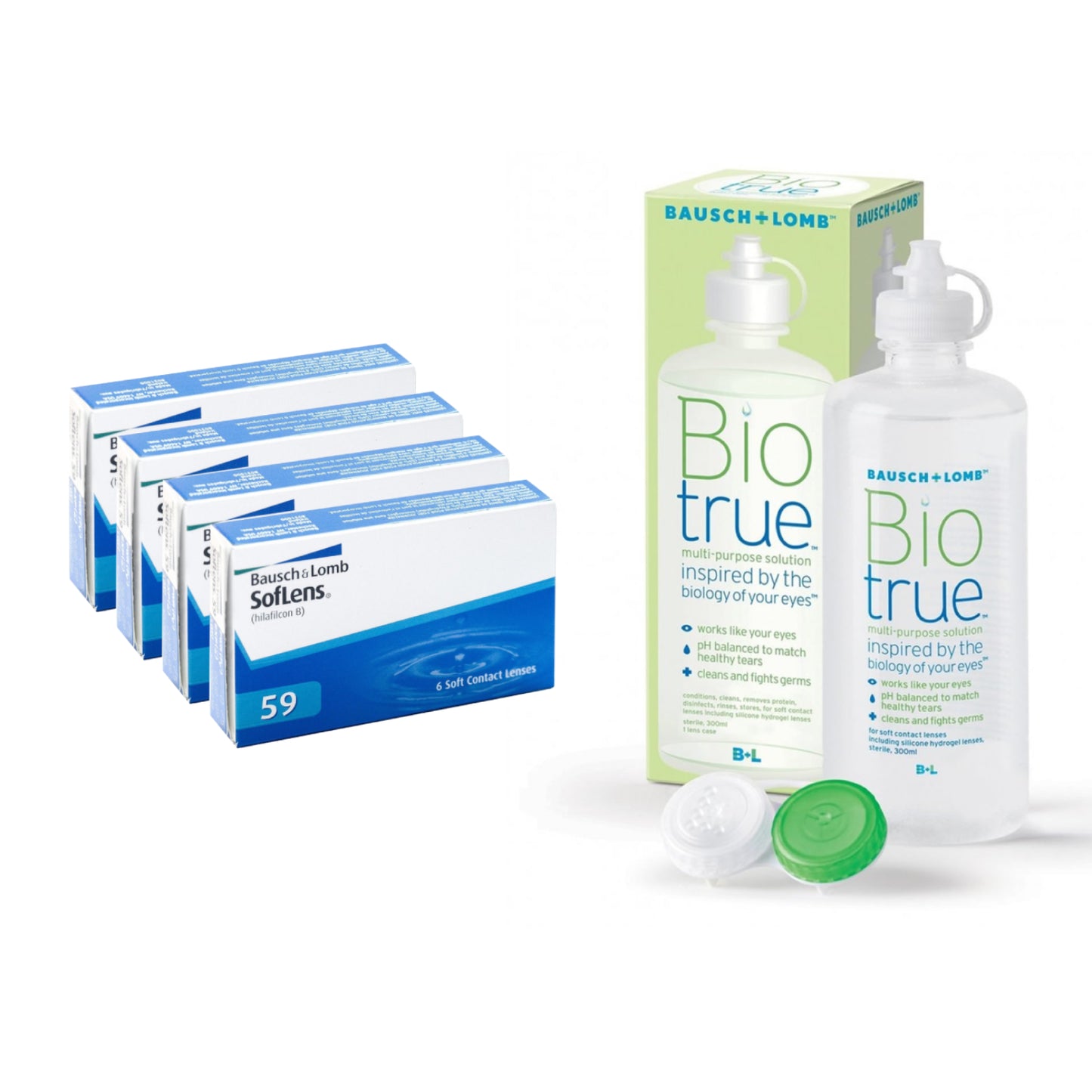 SofLens 59 de Bausch & Lomb junto con solución BioTrue 300ml y estuche para lentes de contacto, ideal para miopía y hipermetropía.