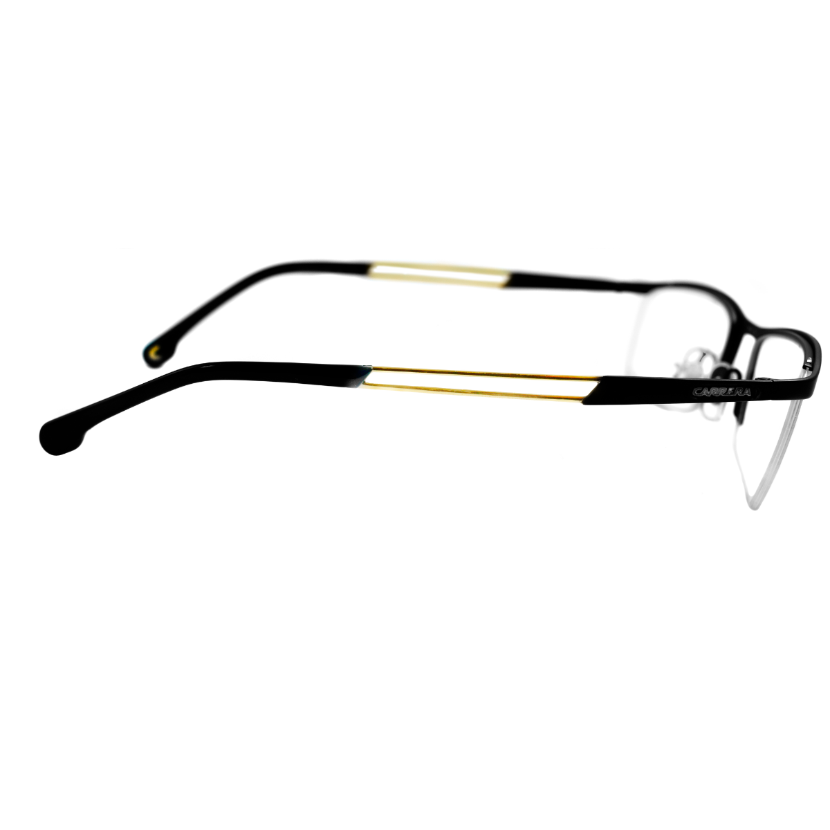Lentes oftálmicos Carrera 8901-I46 para hombre, color negro, estilo rectangular con detalles dorados.