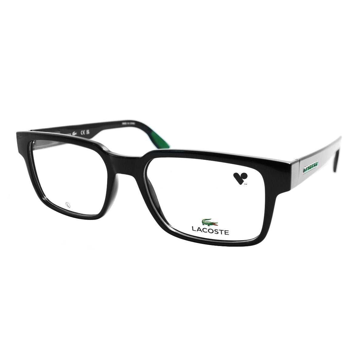 Lentes oftálmicos LACOSTE L2928-001 para hombre, armazón rectangular negro con detalles en verde.