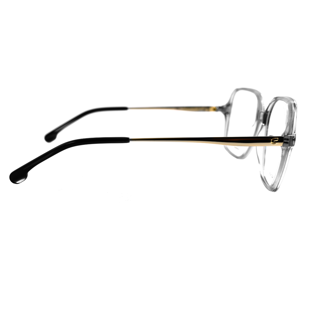 Lentes oftálmicos para mujer Carrera modelo 3038-KB7 en gris oscuro, diseño rectangular con detalle dorado.