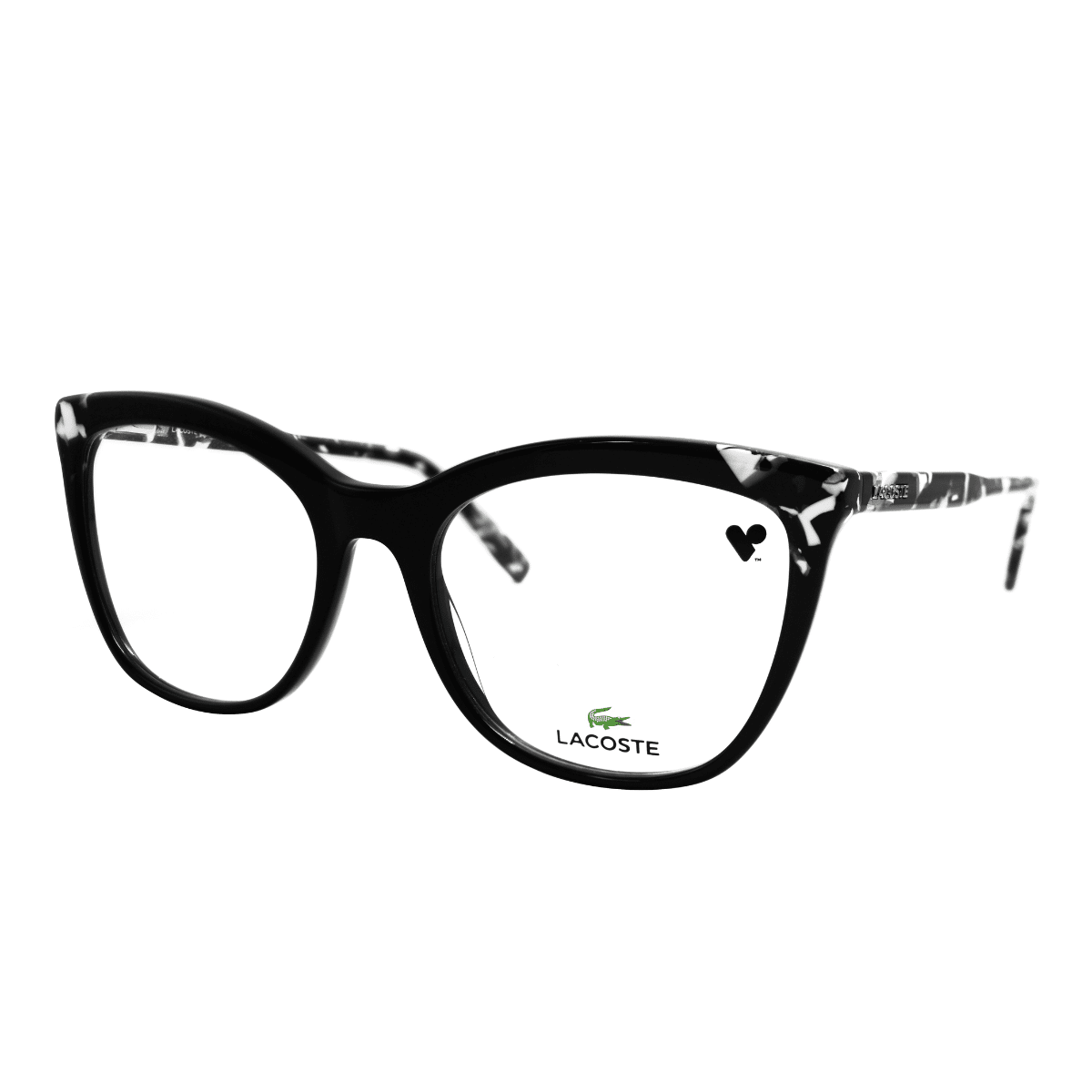 Gafas oftálmicas Lacoste para mujer modelo 2884-001, aro completo estilo ojo de gato en color negro con detalles en blanco.