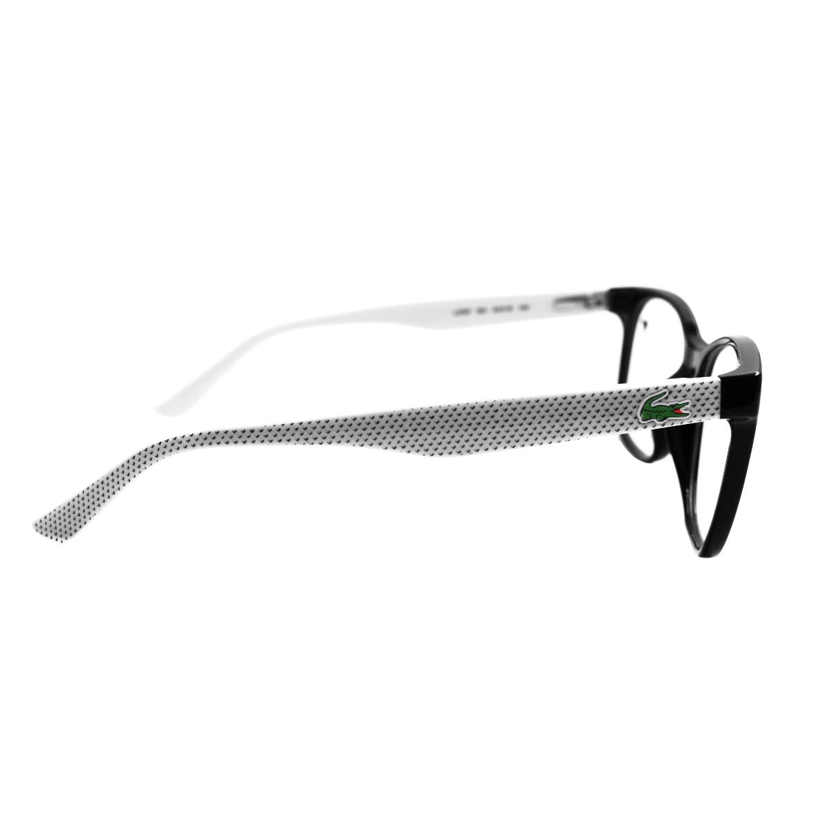 Gafas cuadradas LACOSTE L2767-001 para mujer, color negro y blanco, estilo moderno y distintivo.