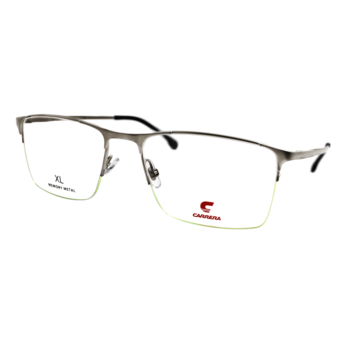 Lentes oftálmicos para hombre CARRERA modelo 8906-4JL, armazón rectangular plateado con detalles verdes.