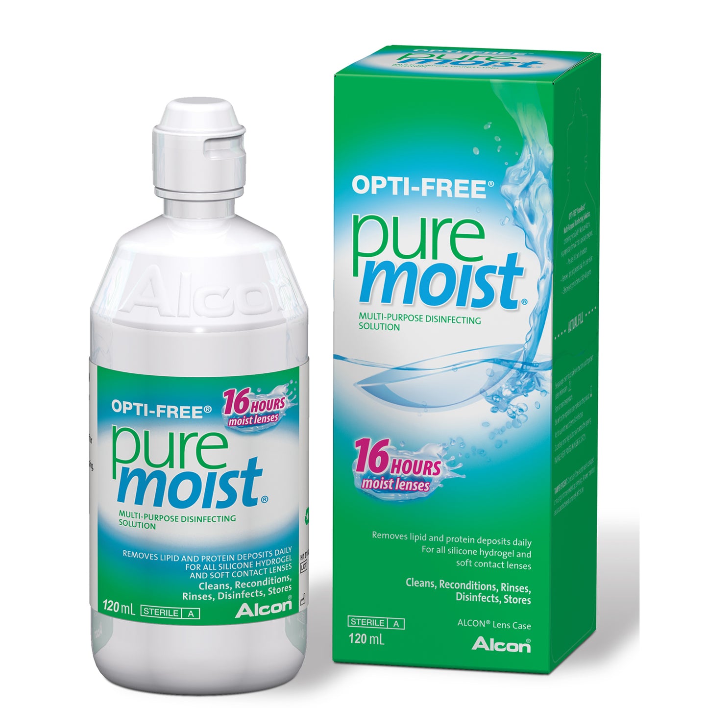 Opti-Free PureMoist 120mL, solución desinfectante para lentes de contacto, limpia y acondiciona, marca Alcon.