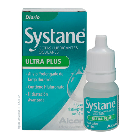 Gotas Systane Ultra Plus 10 ML, lubricantes oculares de Alcon, alivio prolongado para ojos secos, hidratación avanzada.