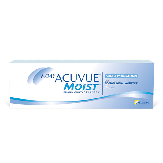 Lentes de contacto 1-Day Acuvue Moist para astigmatismo, 30 lentes, tecnología LACREON®, fabricante Johnson & Johnson.