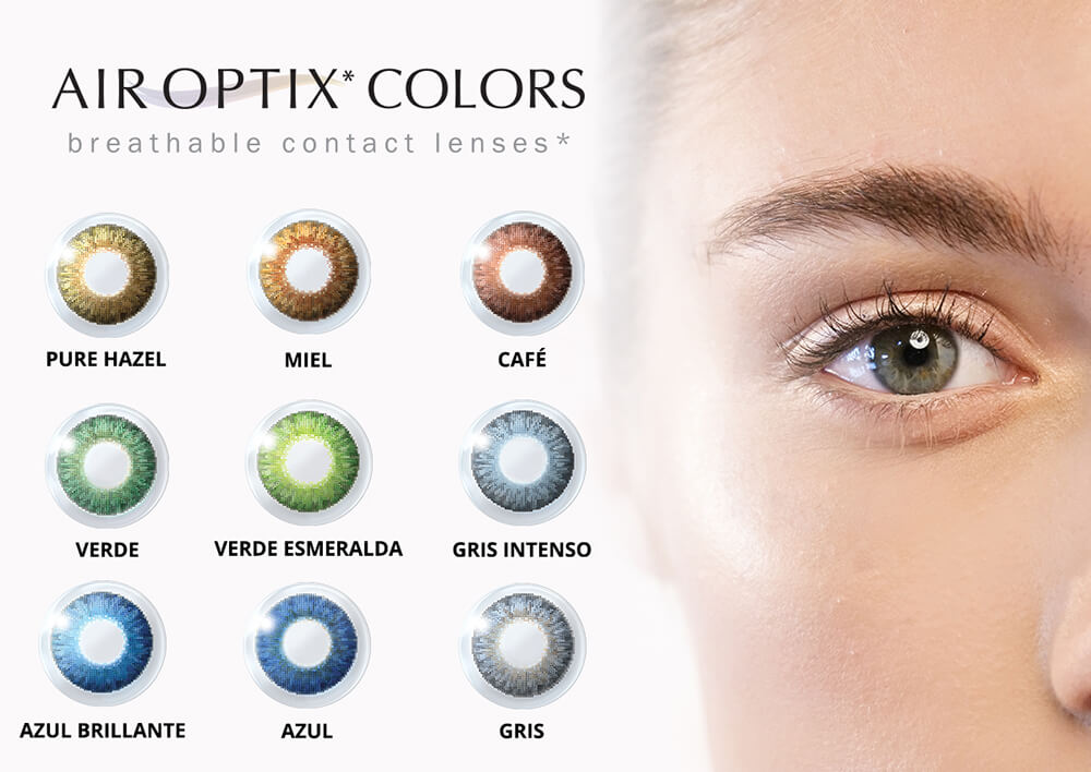 Lentes de contacto Air Optix Colors en diferentes tonos: Pure Hazel, Miel, Café, Verde, Verde Esmeralda, Gris Intenso, Azul Brillante y Gris.