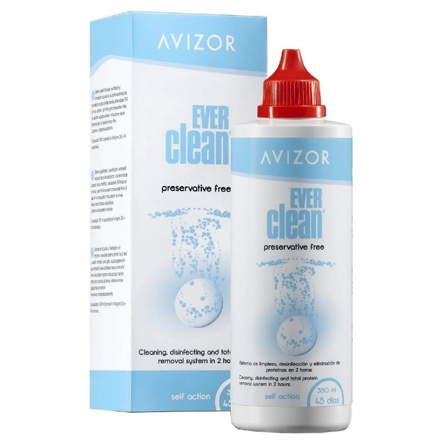 EVERCLEAN 500 mL de AVIZOR, solución limpiadora y desinfectante sin conservantes para lentes de contacto.