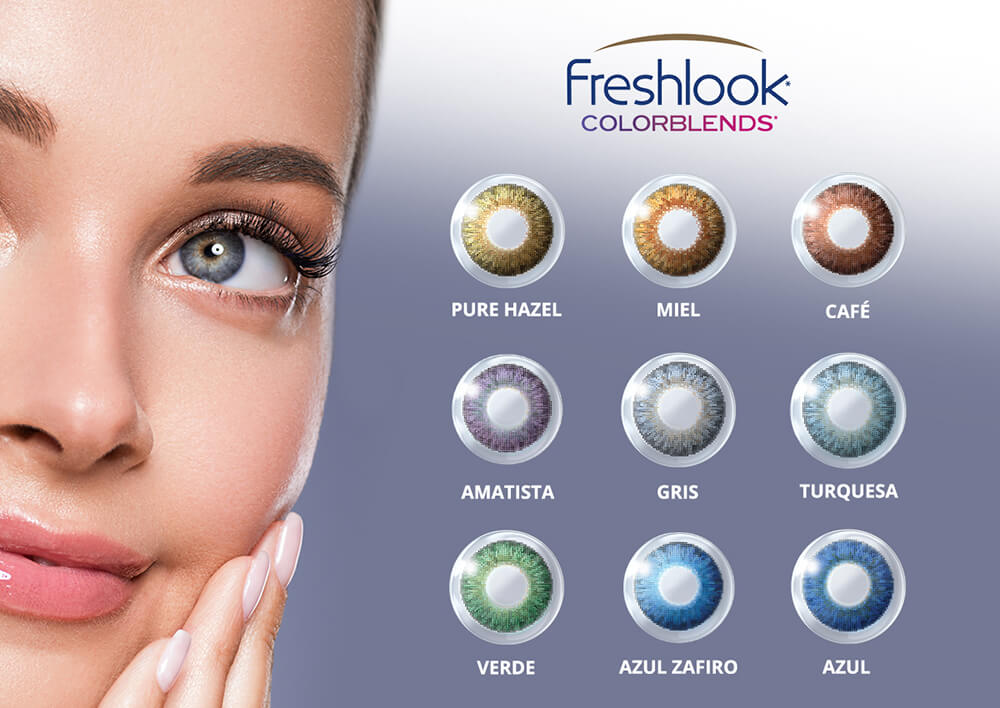 Lentes de contacto FreshLook ColorBlends en colores Pure Hazel, Miel, Café, Amatista, Gris, Turquesa, Verde, Azul Zafiro y Azul.