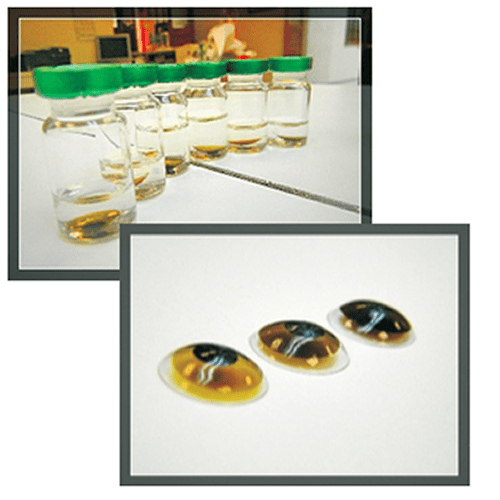 Frascos con lentes de contacto café pupila negra para condiciones de leucoma, con opción prostética y cosmética.