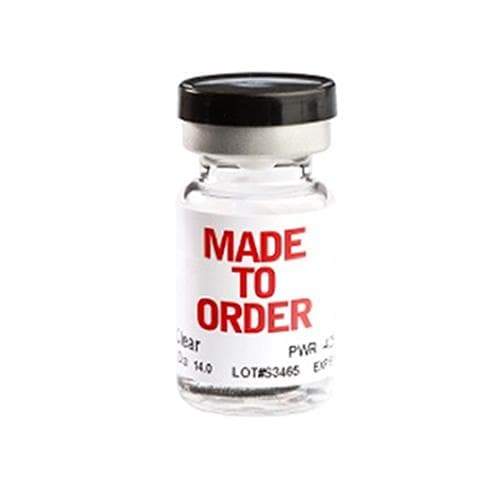 Frasco de lente de contacto rígido permeable al gas, hecho a medida, con etiqueta 'Made to Order'.