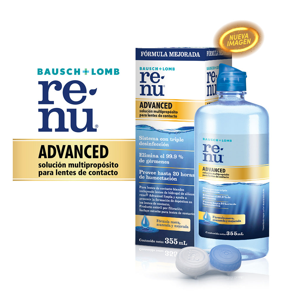 Renu Advanced 355 mL, solución multipropósito Bausch & Lomb para lentes de contacto, triple desinfección, elimina 99.9% de gérmenes.