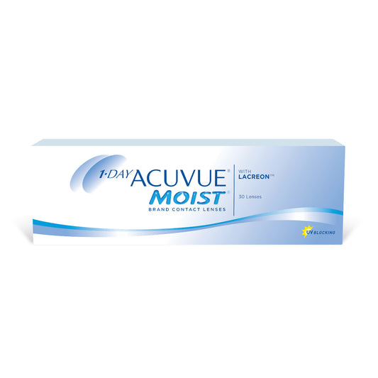 1 Day Acuvue Moist, lentes de contacto, 30 unidades, tecnología LACREON, ideal para miopía e hipermetropía.