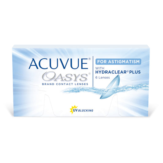 Acuvue Oasys para Astigmatismo, 6 lentes quincenales con tecnología Hydraclear Plus, UV Blocking.