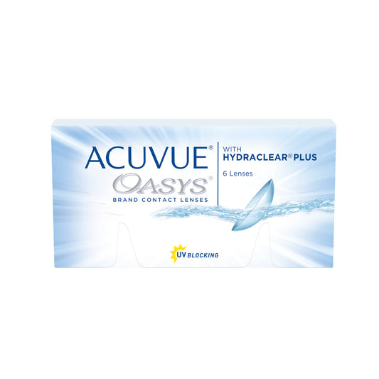 Acuvue Oasys, 6 lentes de contacto quincenales, con Hydraclear Plus, bloqueadores UVA y UVB, cómodos para miopía e hipermetropía.