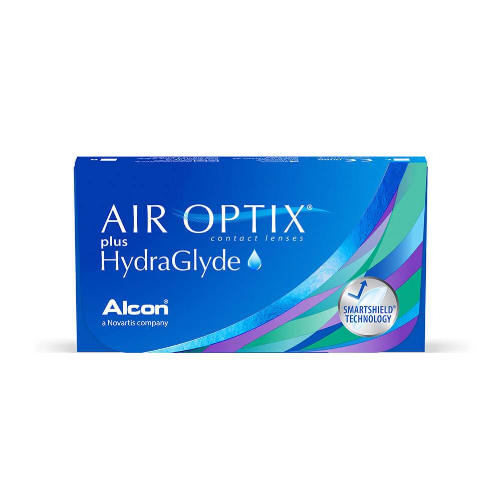 Lentes de contacto Air Optix Plus HydraGlyde de Alcon, tecnología SmartShield, para uso mensual, ideal para miopía e hipermetropía.