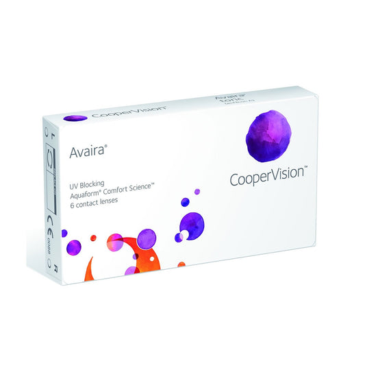 Caja de lentes de contacto Avaira de CooperVision, quincenales, tecnología Aquaform, bloque UV, 6 unidades.