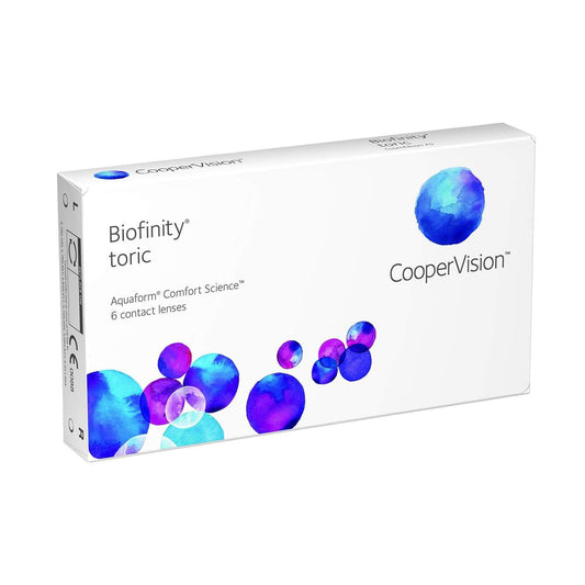 Caja de Biofinity Toric de CooperVision, 6 lentes de contacto para astigmatismo, reemplazo mensual.