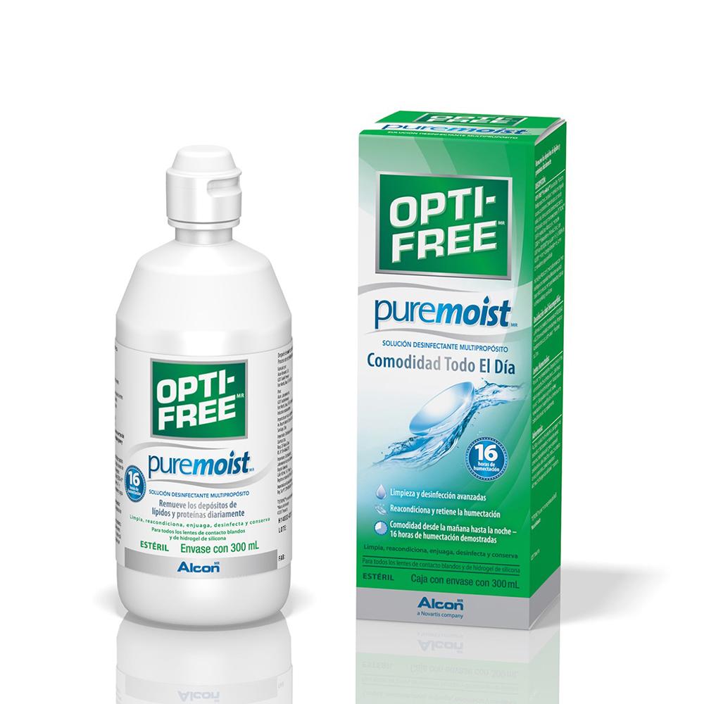 Opti-Free PureMoist 300 mL solución desinfectante para lentes de contacto, marca Alcon, limpieza y almacenamiento.