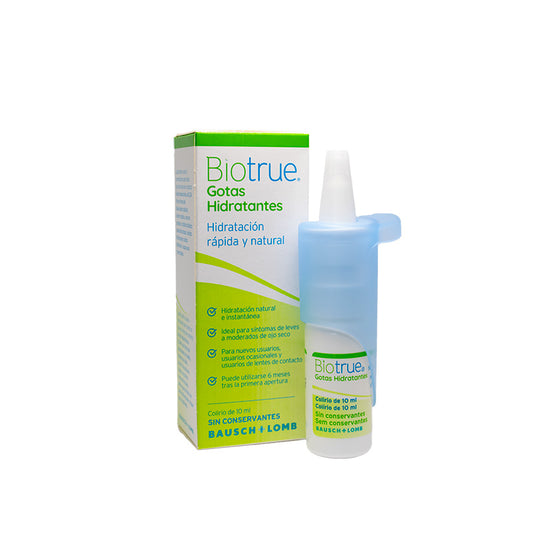 Gotas Hidratantes Biotrue 10 ml de Bausch + Lomb, solución sin conservantes para alivio de sequedad ocular.